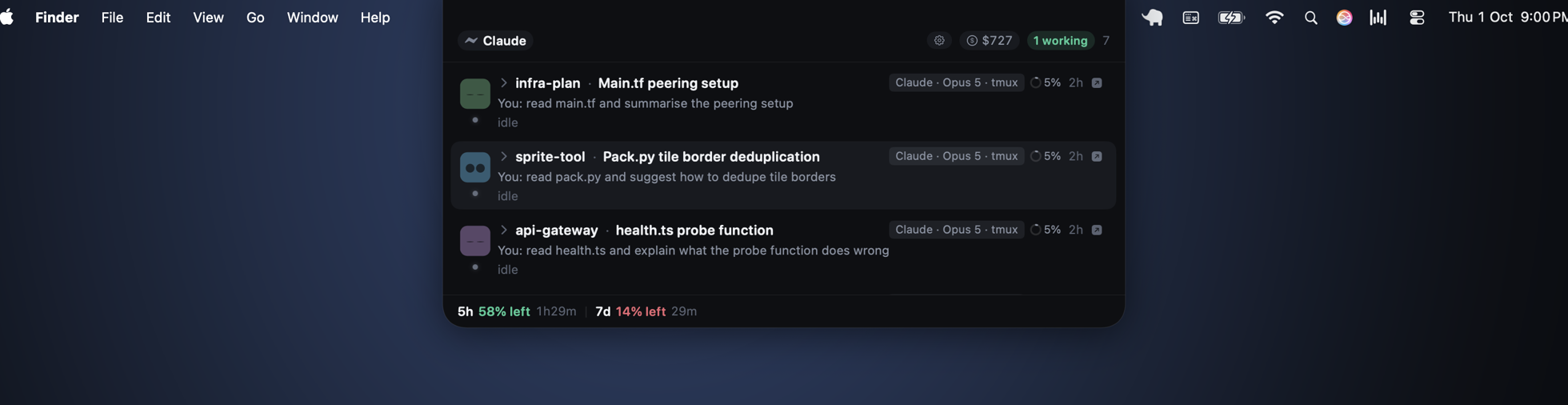 The Agent Island panel hanging from the MacBook notch in the menu bar,
                    showing three live Claude sessions with their terminal, context ring,
                    token count and the quota footer.